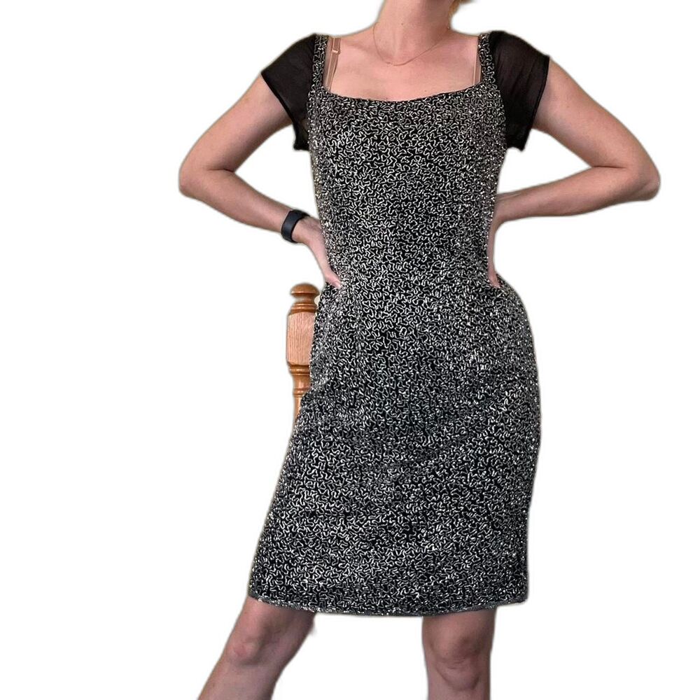 Vintage 90s SCALA Sz L 100% Silk Beaded Evening Mini Little Black Silver Dress